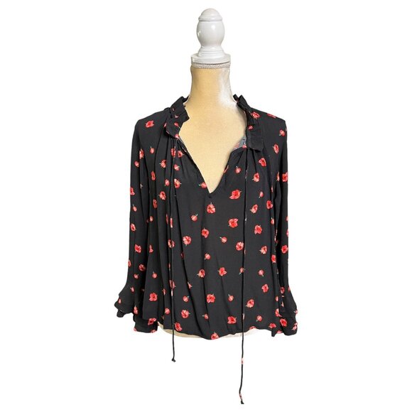 Cleobella Phoebe Black And Red Floral Blouse Size Xxs Ruffle Sleeve - Picture 2 of 9
